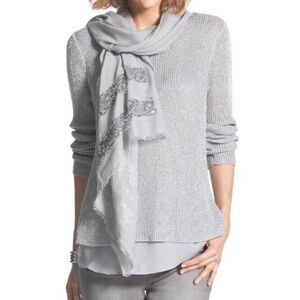 Chicos Women Sz 2 US L Silver Metallic Layered Shine Stitch Aindri Sweater